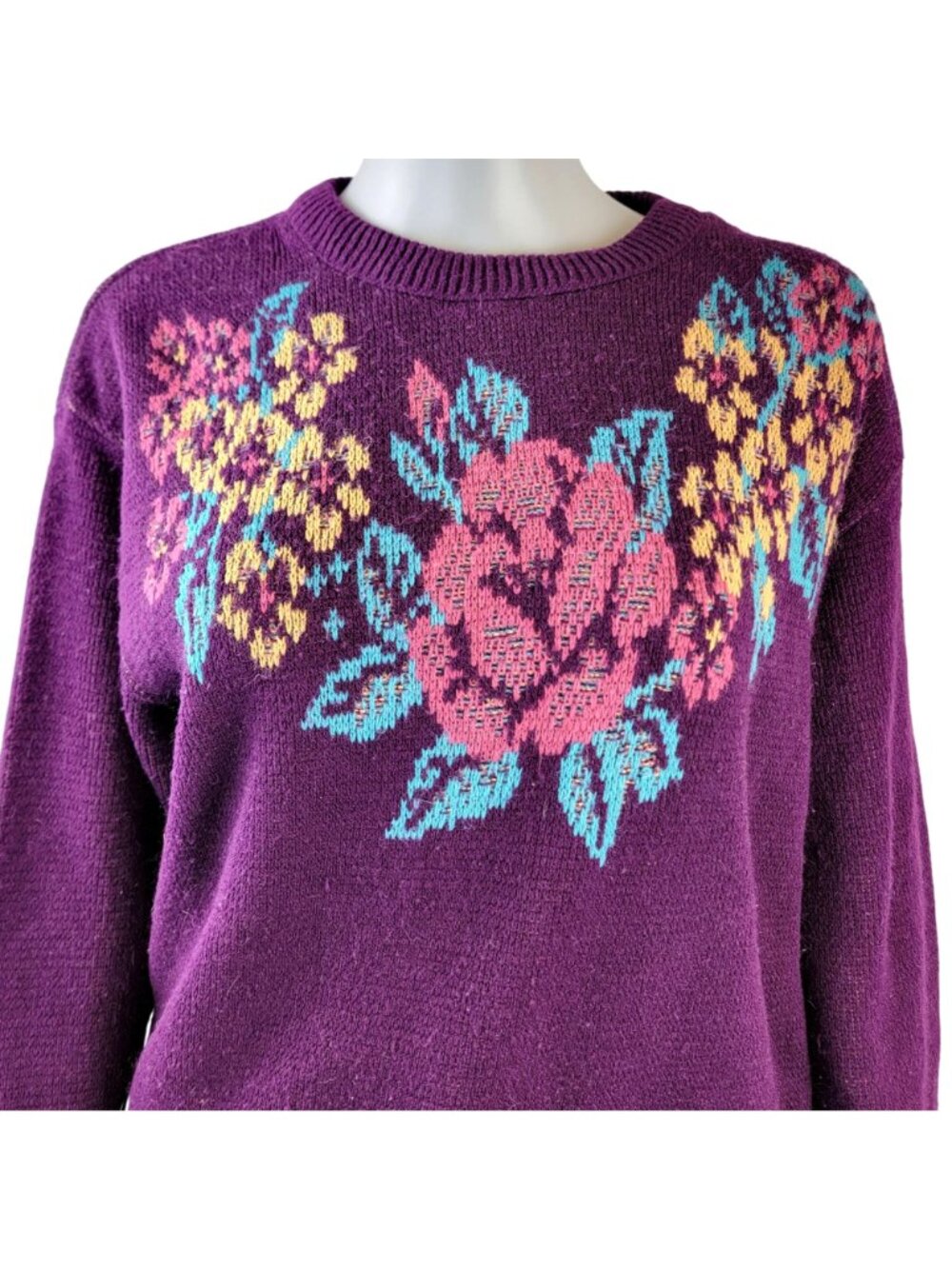 Vintage 80s Floral Sweater Women XL 14 Purple Knit Top Colorful Flower Soft 16 - Picture 3 of 13